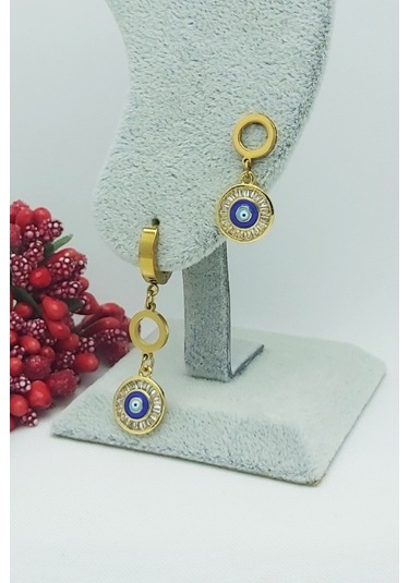 Altın Kaplama Baget Taşlı Nazarlık Çelik Küpe 4 cm Altın