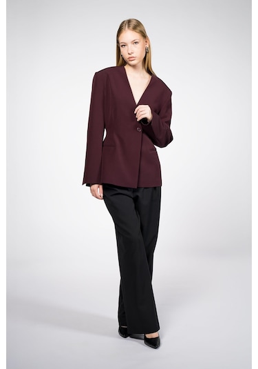 Kadın Bordo Yakasız Blazer Bordo