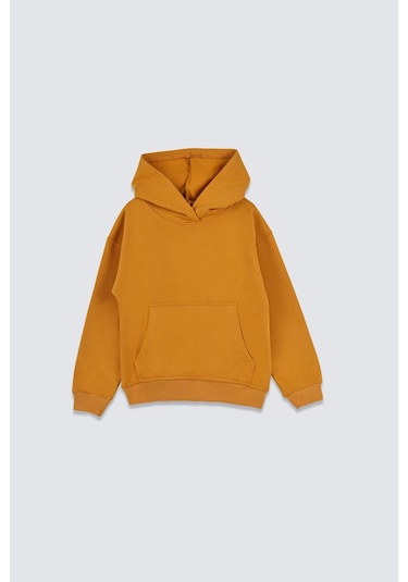 Basic Kapüşonlu Şardonlu Kanguru Cep Detaylı Çocuk Sweatshirt 3-10 Yaş Ekru Hardal