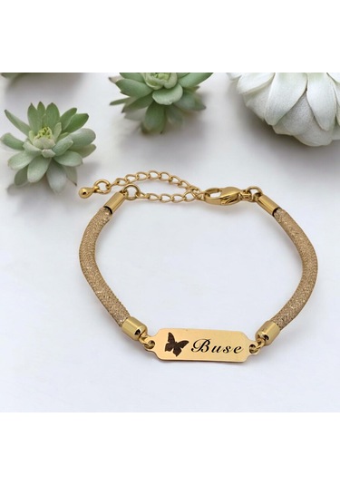 Archin Buse İsmine Özel 14 Ayar Altın Plakalı Hasır Kordonlu Kelebek Motifli Hediye Bileklik-647isim Buse
