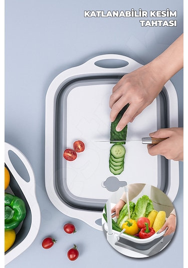 Katlanabilir Kesme Doğrama Tahtası - Yer Kaplamaz - Kamp Ve Mangala Uygun - Su Akıtma Tıpalı Beyaz - Gri