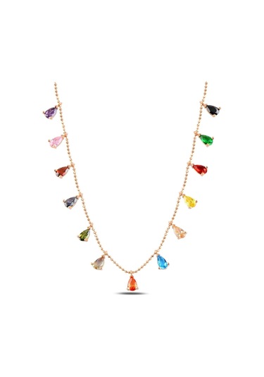 Pigado 925 Ayar Gümüş Damla Kolye Renkli Taşlı Rose Gümüş