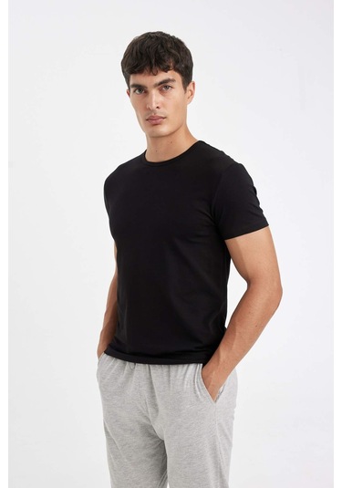 DeFacto Slim Fit Dar Kesim Bisiklet Yaka Kısa Kollu Pijama Üstü L4885AZ24WNBK27