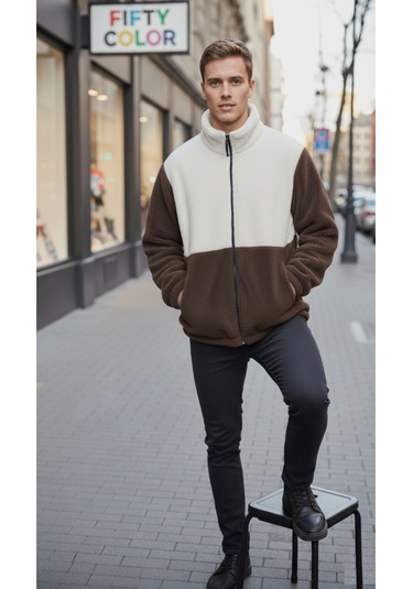 Premium Kalite Renk Bloklu, Fermuarlı, Dik Yaka, Sherpa, Polar, Peluş Ceket Kahverengi - Beyaz