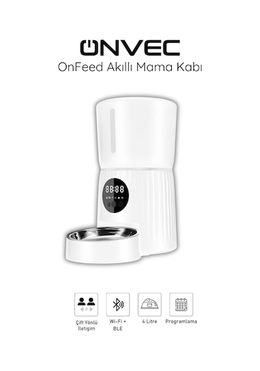 Onvec OnFeed Beyaz Akıllı Mama Kabı 4 L Kapasiteli Alexa ve Google Home Uyumlu