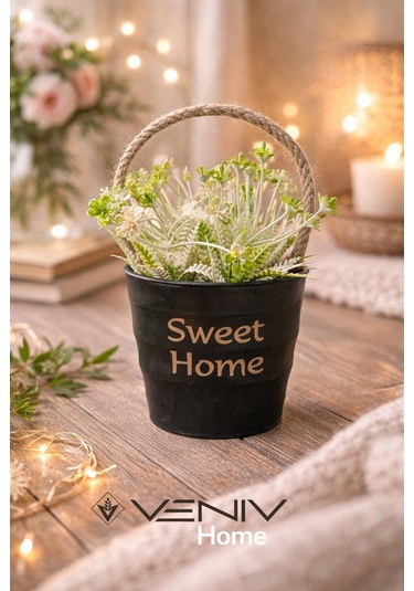 Dekoratif Sepet Saksı + Bitki - Pinterest Tasarım - 17 Cm Siyah