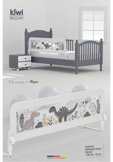 Kiwi Bed Guard Asansörlü Beyaz Dinozor Desenli, Çocuk Yatak Bariyeri, Yatak Korkuluğu 150x60-70 Cm
