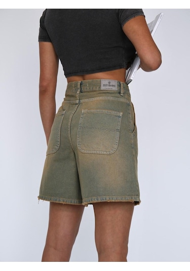 Tint Wash Denim Mini Şort Bej+Yeşiltint