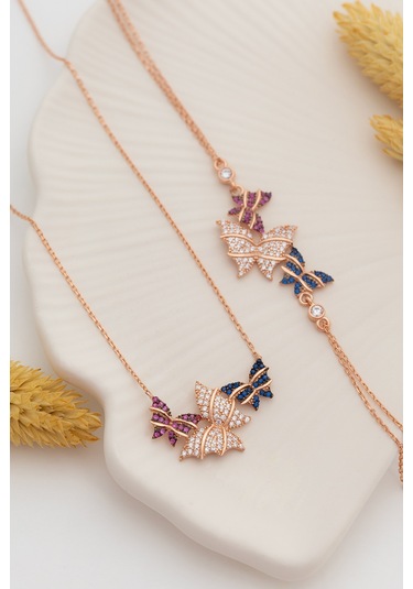 Rose Kelebek Model Gümüş Kolye Bileklik Set