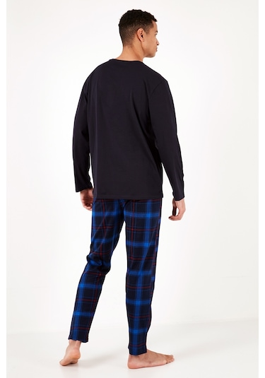 Buratti Ekoseli Cepli Beli Lastikli % 100 Pamuk Regular Fit Erkek Pijama Takımı 6572001 Lacivert-Saks