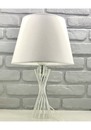 Beyaz Burgu Metal Ayaklı Kristal Cam Toplu Kumaş Şapkalı Abajur Beyaz