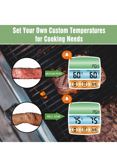 Lemestar Isı Ölçer, 2.6" Renkli Dokunmatik Ekran, Zamanlayıcı, Su Geçirmez Prob, Fırın Ve Mutfak Gıda Sıcaklığı Ölçümü, Beyaz-yeşil Çok Renkli