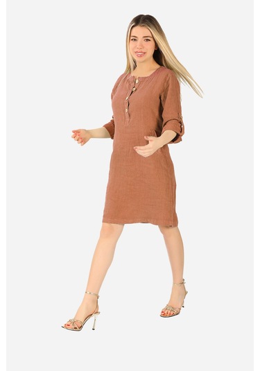 Keten Midi Elbise Kahverengi