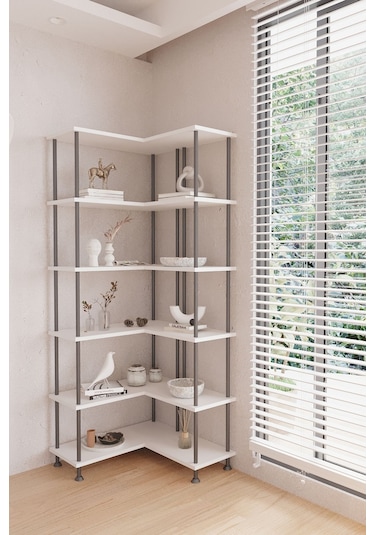 Çevir Kur Beyaz Köşe Kitaplık Çok Amaçlı Dekoratif Raf Ünitesi 71 74 177 Cm Beyaz