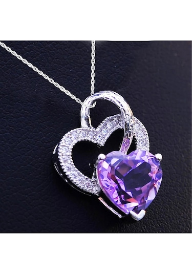 Brezza Lusso Jewelry Gümüş Ametist Taşlı Çift Kalp Kadın Gümüş Kolye 45 CM