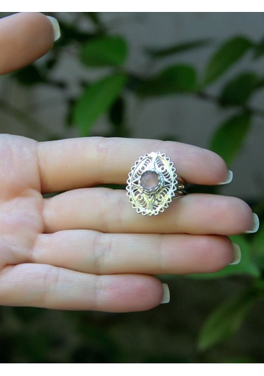 Doğal Taş Pembe Kuvars Doğal Taşlı Telkari Modelli Kadın Ayarlanabilir Gümüş Kaplama Yüzük Euy65pkr Pembe