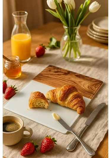 Temperli Cam Kesme Tahtası Beyaz- Ahşap Kesme Tahtası Sunum Tahtası Cam Doğrama Tahtası 25x35 Cm Beyaz - Kahverengi