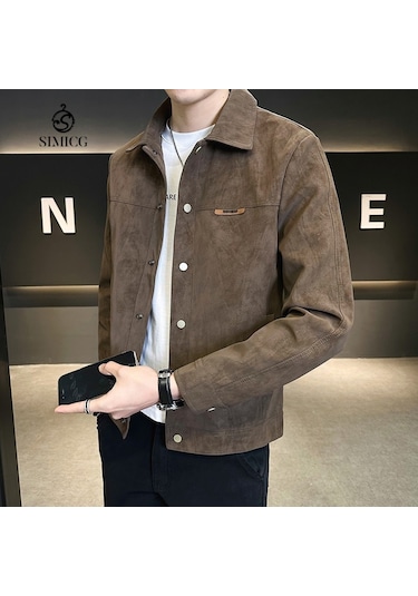 İlkbahar Ve Sonbahar İçin Yeni Üst Düzey Yaka Süet Erkek Ceketi Kahverengi