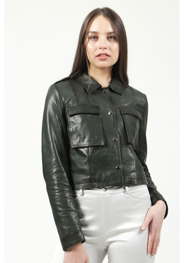 Dericlub Yb-Vgn1 Crop Fit Gerçek Deri Kadın Mont Yeşil