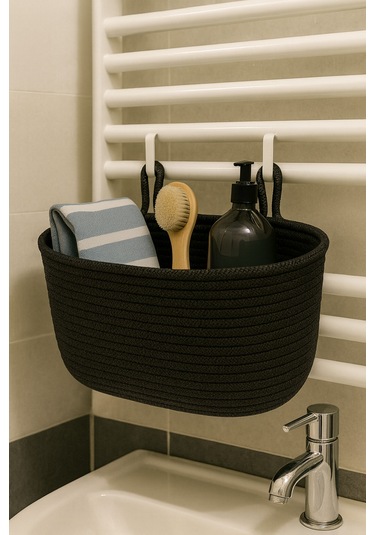 Dekoratif Askılı Banyo Sepeti 18 40 16 Cm Saklama Ve Düzenleyici Hasır Jüt Sepet Organizer El İşi Siyah