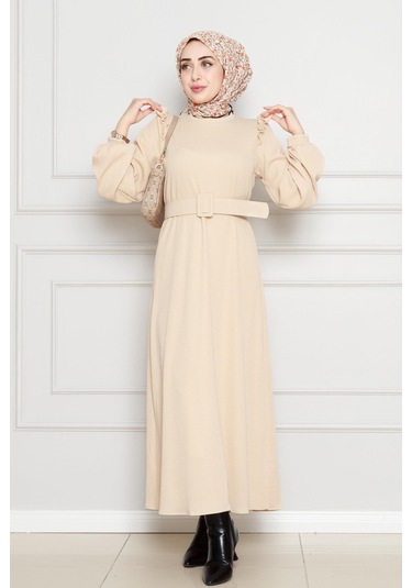 Omuzu Fırfır Kemerli Elbise-bej-4561 Bej