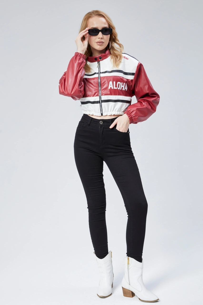 Kadın Deri Baskılı Şeritli Ceket Beli Ve Kolu Lastikli Kolej Hakim Yaka Bomber Yarışçı Motorcu Mont Kırmızı