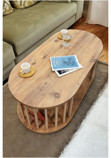 Orta Sehpa Ahşap Ayaklı Sehpa İki Raflı Sehpa Dekoratif Sehpa Gazetelikli Çam