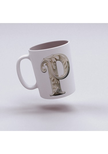 P Harfi Bardak, Monogram 330 Ml Barok Oymalı Görünüm Beyaz