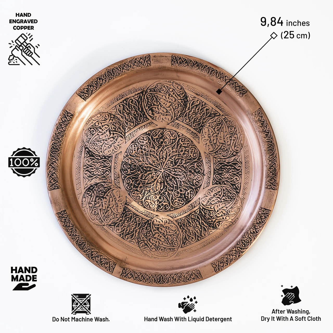 Dmt Gaziantep Bakır 25 Cm Osmanlı El İşi Sunum Rustik Tepsi Kına Tepsisi 25 Cm Bakır