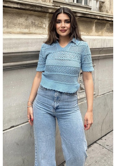 Kadın Mavi Ajurlu Merserize Triko Örme, Terletmez, Salaş Kalıp, Polo Yaka Bluz Mavi