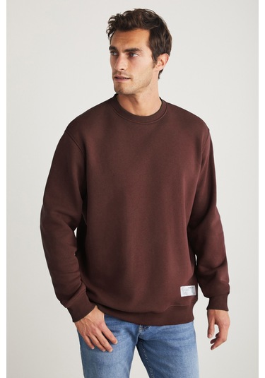 Grımelange Travıs Erkek Organik Kumaşlı Yumuşacık Regular Fit Yuvarlak Yakalı Koyu Kahverengi Sweats Koyu Kahverengi