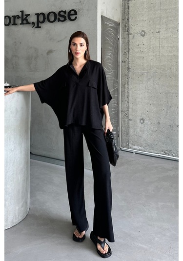 Kadın Siyah Yarasa Kol Sahte Cep Bürümcük Alt Üst Palazzo Takım Siyah