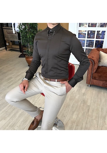 Italyan Kesim Slim Fit Erkek Saten Zincirli Gömlek Kahverengi T48