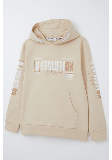 Breeze Erkek Çocuk Sweatshirt Kapüşonlu Kanguru Cepli 9-16 Yaş, Krem Krem