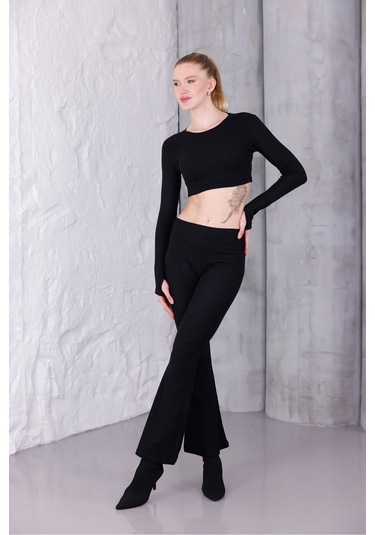 Kadın İspanyol Paça Pantolon Uzun Kollu Parmak Geçirmeli Crop Takım Siyah