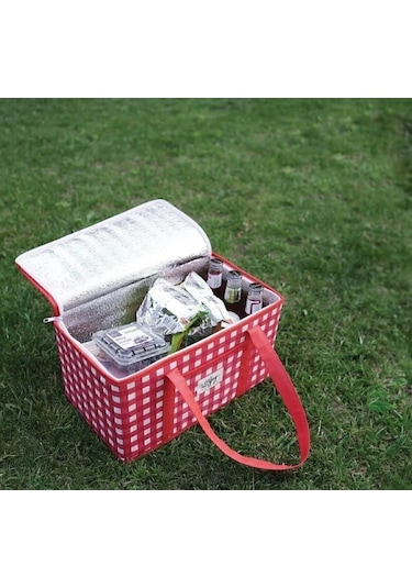 2 Adet Termo Lüks Piknik Çantası Kırmızı Ekoseli 35 X 20 X 20 Cm Kırmızı