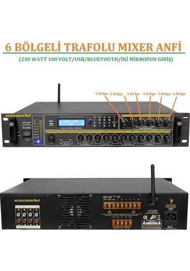 6 Bölgeli Trafolu Mixer Amfi 250 Watt 100 Volt Usb/bt İki Mic Giriş