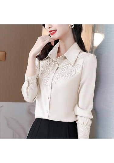 Novahub Moda Saten Kadın Bluz Dantel Ofis Kadın Zarif Uzun Kollu Kadın Gömlek Düğmeler Kadın Giyim Blusas 24636 Şampanya Koyu Krem - 4xl Koyu Krem