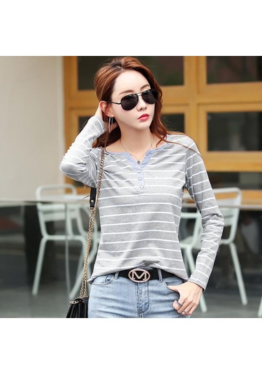 Pamuklu Tişört Kadın Uzun Kollu Çizgili T Gömlek İlkbahar Sonbahar Kadın Giyim Gömlek Bluz Tops Gri