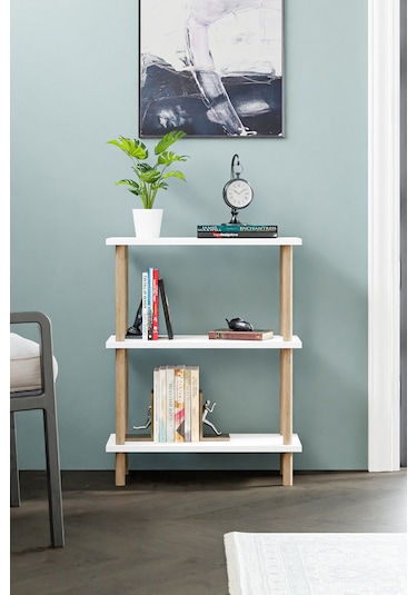 Dekoratif 3 Raflı Ahşap Ayaklı Kitaplık Yan Sehpa Beyaz