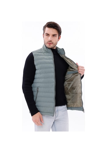 Erkek Nova Kumaş Şişme Yelek Hafif Dolgulu Fermuarlı Cepli Su İtici Rahat Kalıp Yeşil