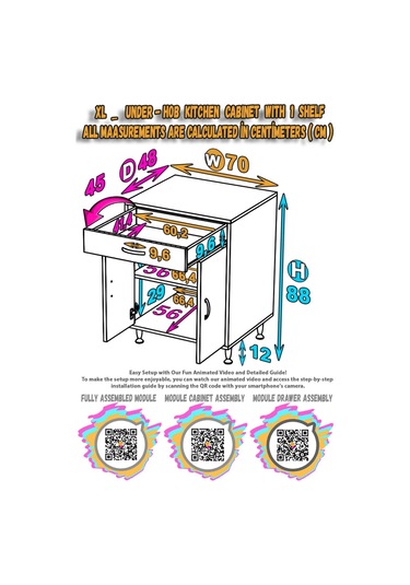Modilayn Qplas Xl Set Ocak Altı Dolap 70x88x48 Cm Çekmeceli, Kapaklı 2 Göz Raf Bölmeli Beyaz