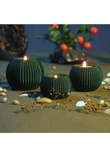 3 Lü Tealight Mumluk Seti Dekoratif Ev & Salon Mumluğu Hediyelik Set Koyu Yeşil
