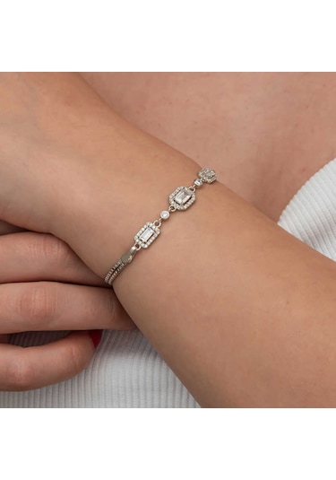 Gümüş Üçlü Baget Taşlı Kadın Bileklik Gümüş