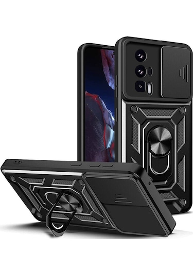 Xiaomi Poco F5 Pro Kılıf Manyetik Standlı Kamera Korumalı Yüzüklü Zırh Tank Kılıf Koruyucu Kapak