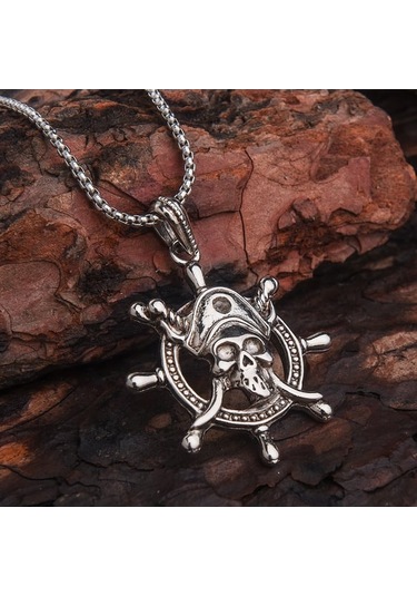 Kuru Kafalı Gemici Dümeni Erkek Kolye Çelik Takı Aksesuar K24 T5