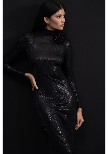 Mathilda Store Kadın Siyah Tasarım Payet Midi Elbise