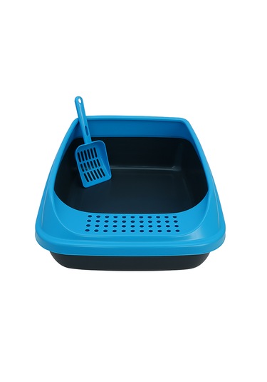 Kürekli Açık Kedi Tuvaleti - Sıçrama Önleyici Yüksek Kenarlı Kedi Kumu Kabı Mavi
