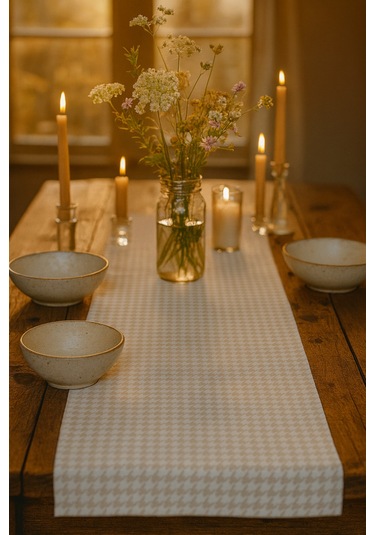 Krem Beyaz Kazayağı Şık Masa Runnerı 50x150 Cm Modern Ve Zarif Masa Örtüsü Runner Krem Beyaz Kazayağı