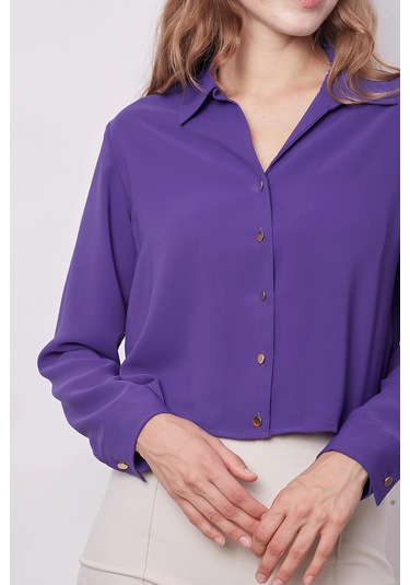 Kadın Likrasız Şık Kumaş Yakalı Uzun Kol Kısa Gömlek-eflatun Eflatun